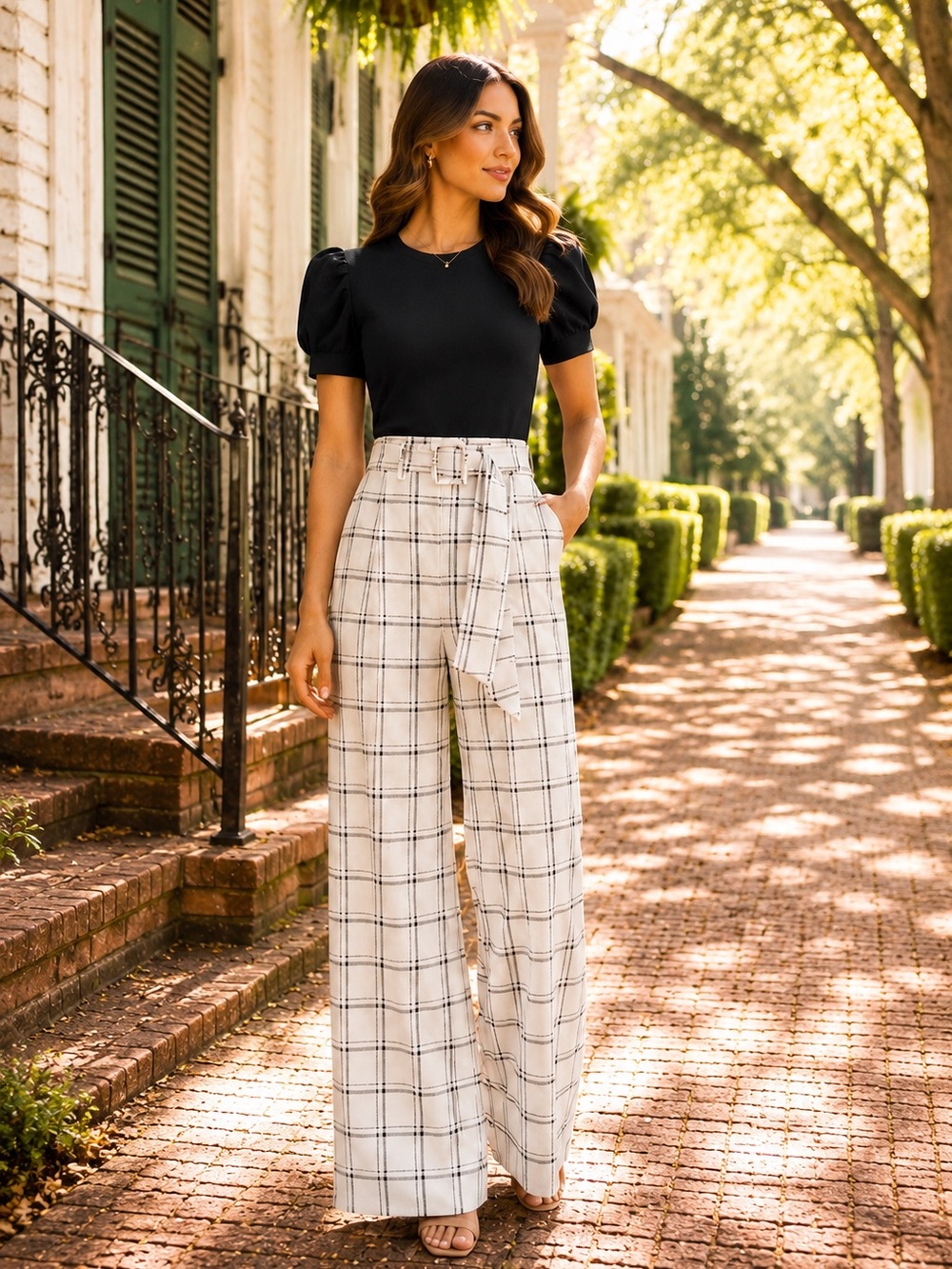 Choosy Ivory Plaid Wide Leg Pants High Rise Belted 4 MSRP $120